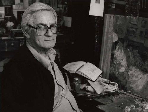 Photograph of Bernard Dunstan in his studio, 1997