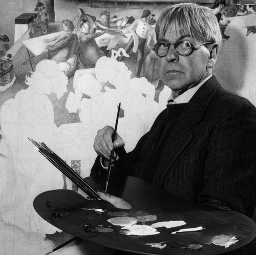 Photograph of Stanley Spencer painting his Cookham Regatta series, at home in Cookham, Berkshire, April 1956