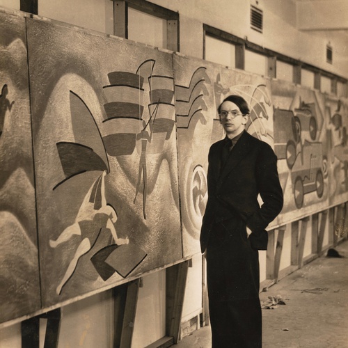 Photograph of John Armstrong alongside his work, c 1930