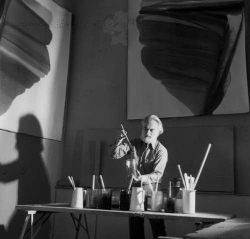 Paul Jenkins painting in his studio, Paris, 1971