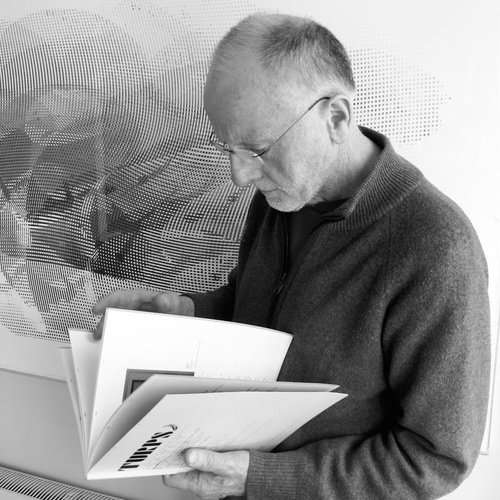 Photograph of William Tillyer outside his exhibition 'Haven' (2013) at The North York Moors, National Park Centre in Danby.