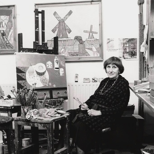 Photograph of Mary Fedden in her studio, 1989