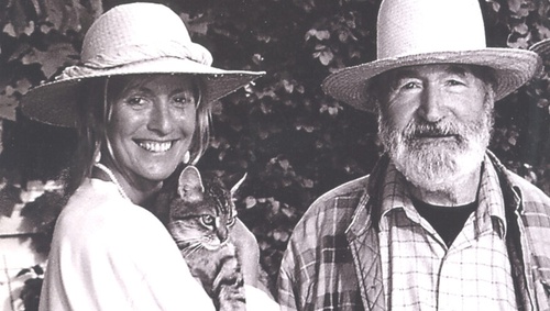 Jane & Tony O’Malley with their cat Gozo in the garden in Physicianstown, 1998