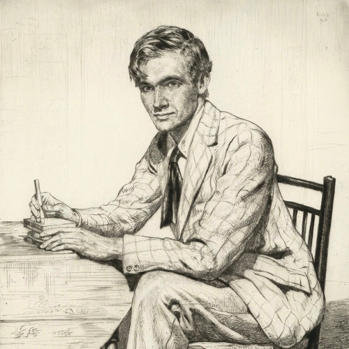 Drawing of Stephen Bone woodcutting by Frances Dodd, 1928