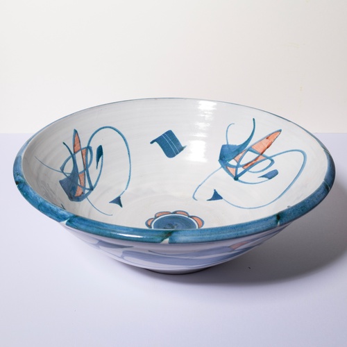 Blue and pink Aldermaston open bowl by Julian Bellmont, featured in House and Garden