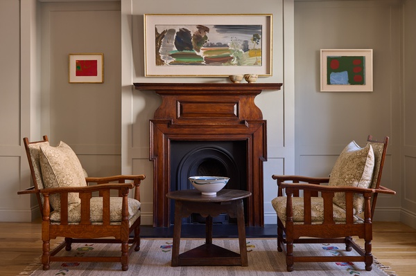 Seating area interior at Jenna Burlingham Gallery featuring Modern British paintings by Ivon Hitchens